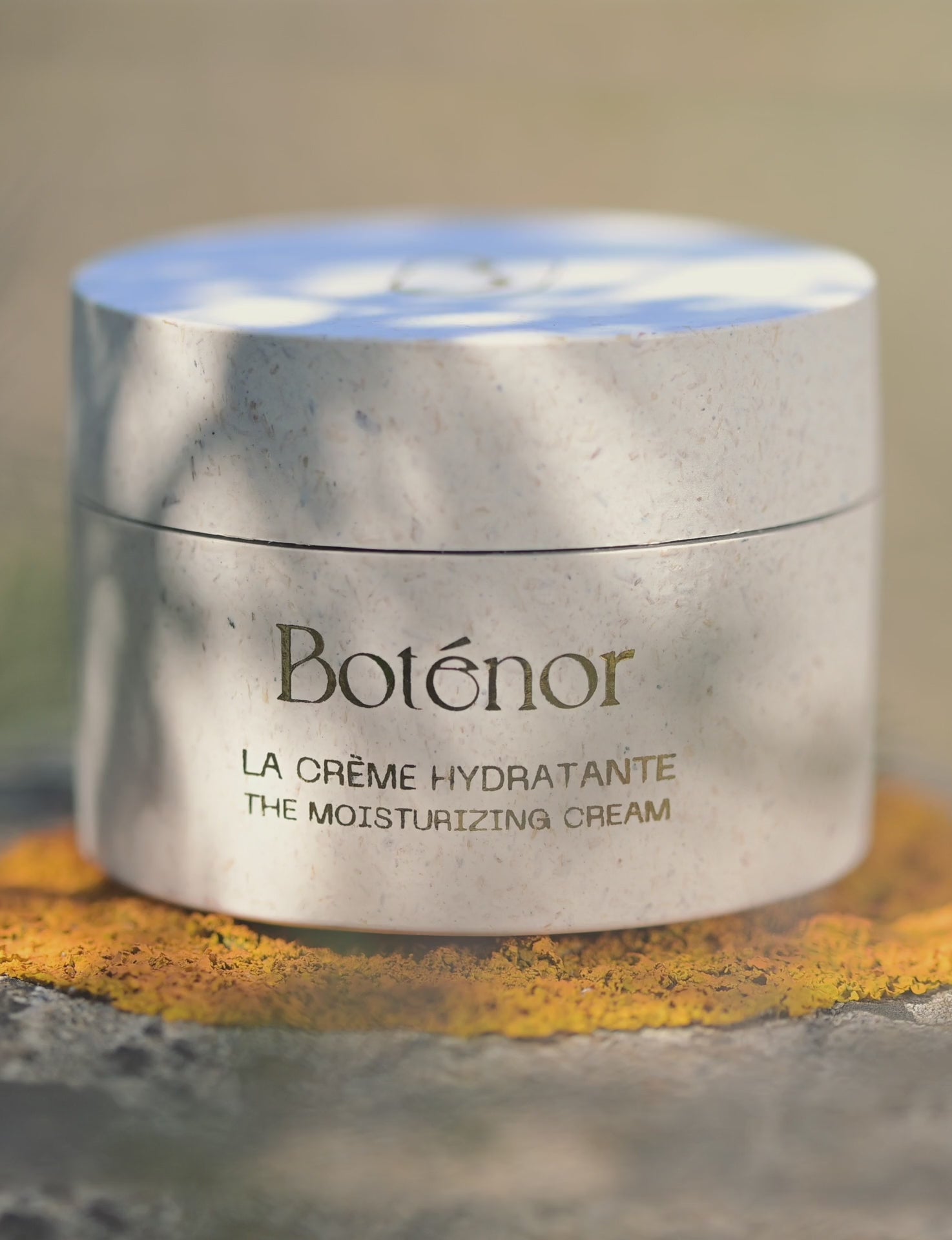 Gros plan du pot de La Crème Hydratante Boténor, posé sur un rond de lichen orangé, à l'ombre d'oliviers sauvages